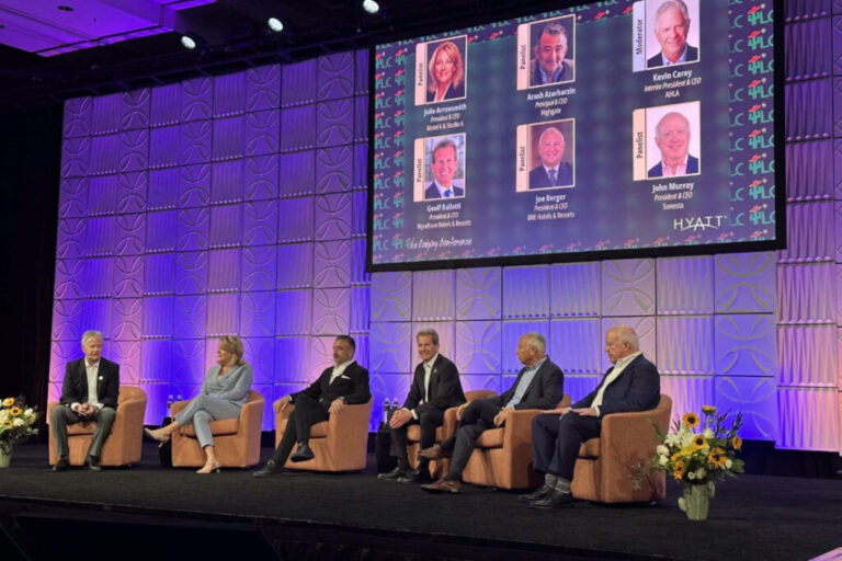 lodging conference panel Moderated By Kevin Carey. Panelists include Julie Arrowsmith Arash Azarbarzin Geoff Ballotti Joseph Berger and John Murray october 2024 1024x683